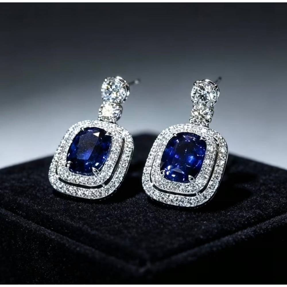 Unbranded Blue Sapphire and Diamond Halo Drop Earrings - Picture 5 of 5